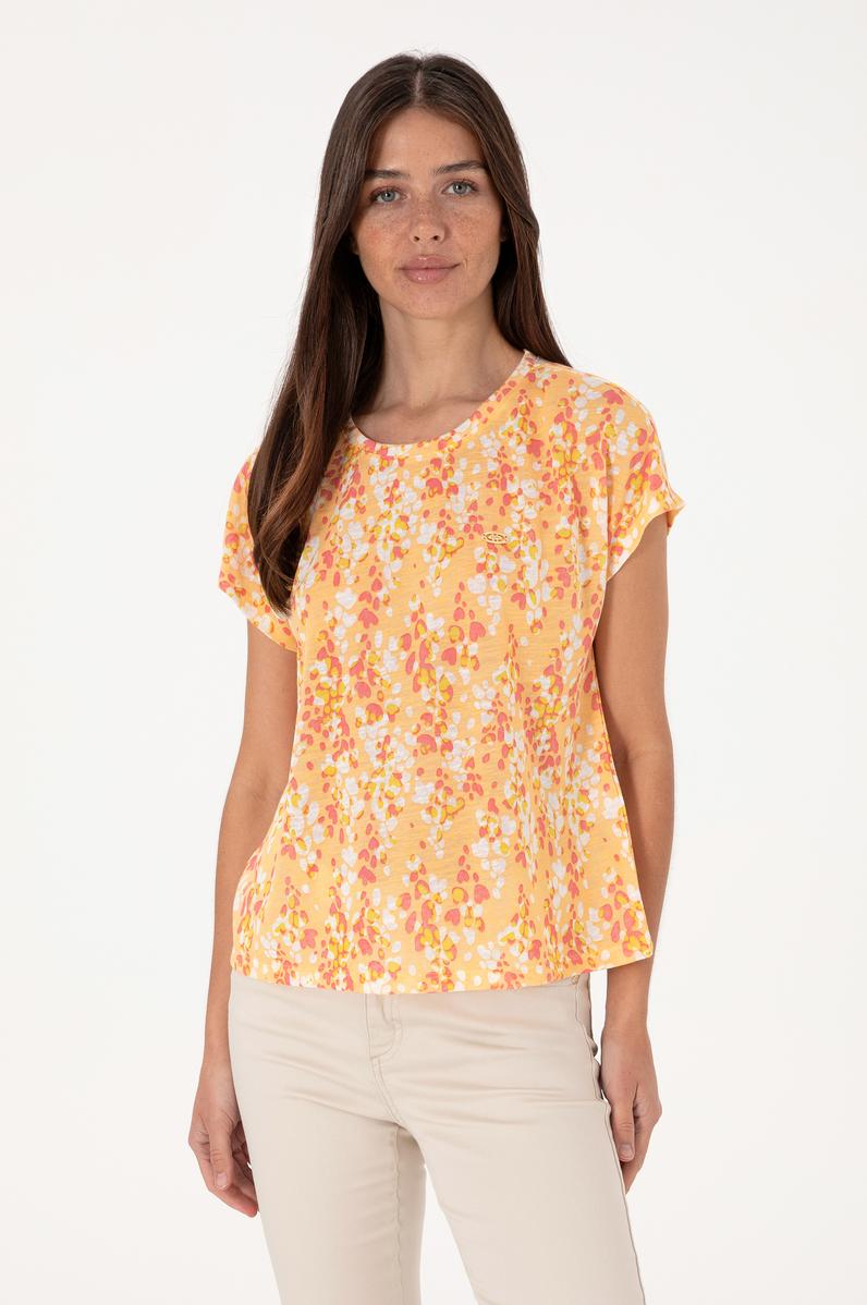 Kadın Turuncu Desenli Bisiklet Yaka Tişört