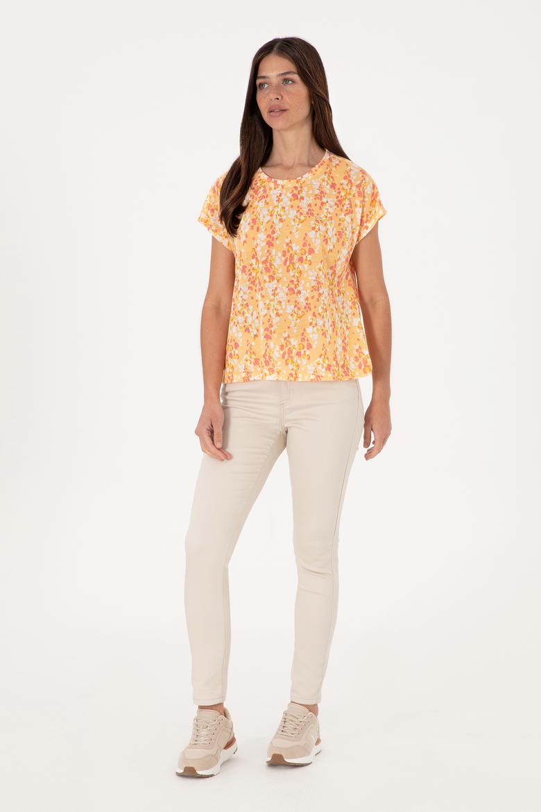 Kadın Turuncu Desenli Bisiklet Yaka Tişört - 50300766014