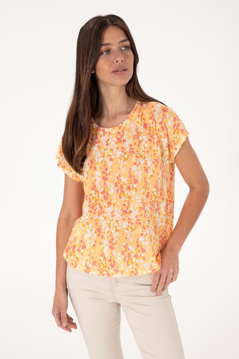 Kadın Turuncu Desenli Bisiklet Yaka Tişört - 50300766014