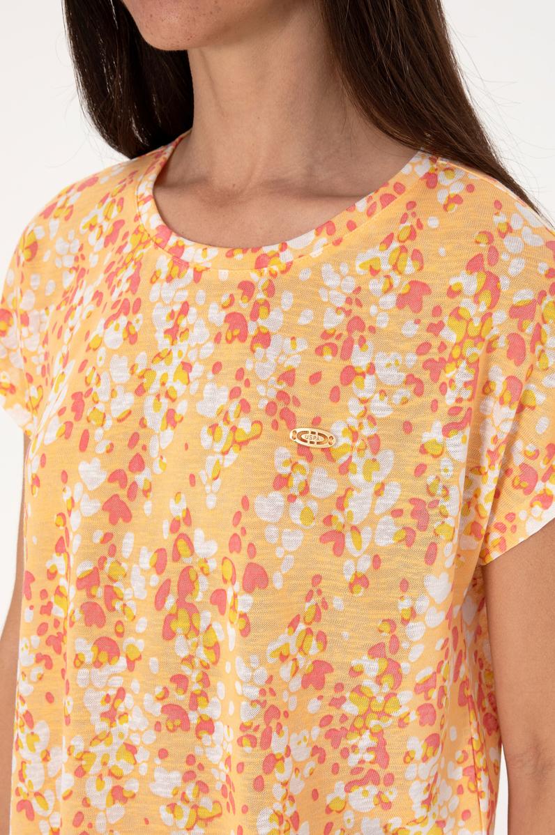 Kadın Turuncu Desenli Bisiklet Yaka Tişört
