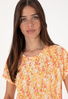 Kadın Turuncu Desenli Bisiklet Yaka Tişört - 50300766014