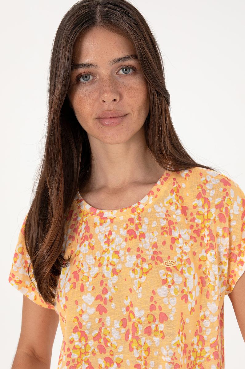 Kadın Turuncu Desenli Bisiklet Yaka Tişört