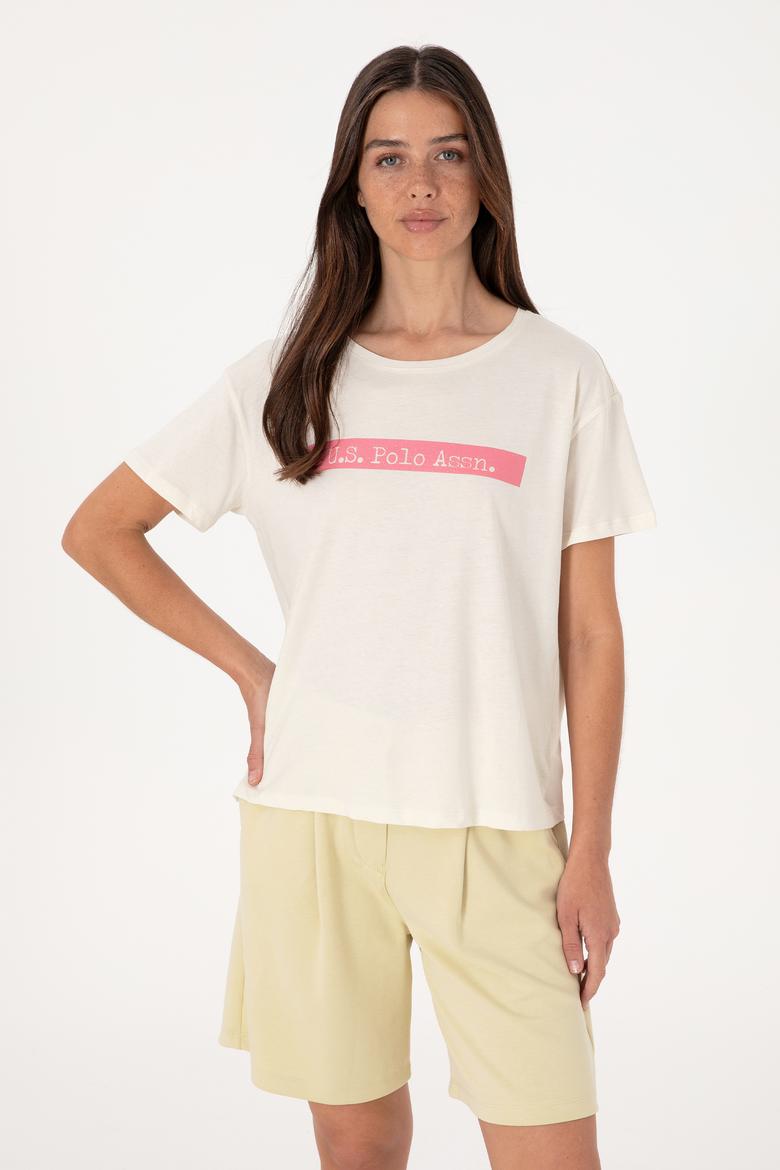 Kadın Krem Bisiklet Yaka Tişört - 50299669009