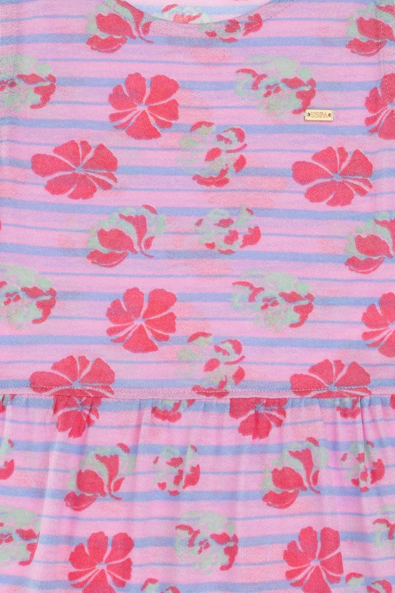 Kız Çocuk Açık Pembe Bisiklet Yaka A-Form Desenli Örme Elbise - 50306245001