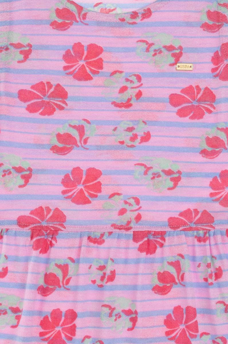 Kız Çocuk Açık Pembe Bisiklet Yaka A-Form Desenli Örme Elbise