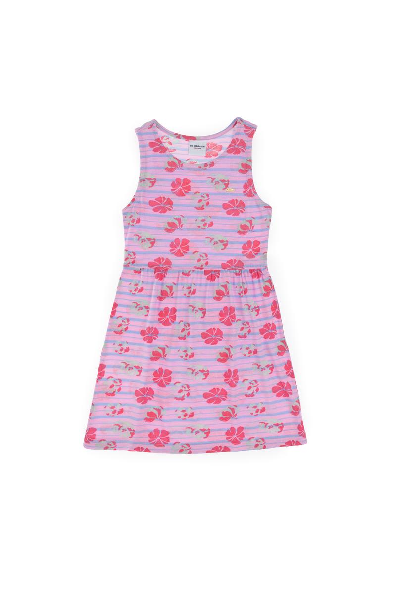 Kız Çocuk Açık Pembe Bisiklet Yaka A-Form Desenli Örme Elbise