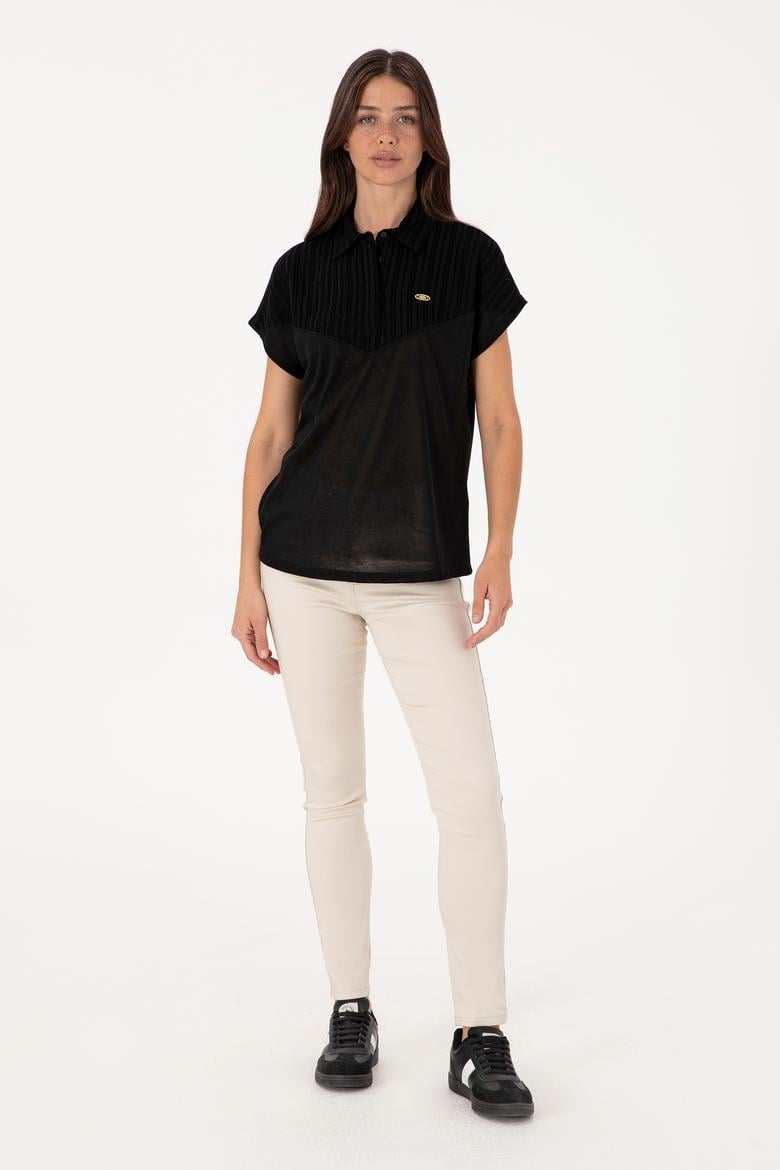 Kadın Siyah Polo Yaka Tişört - 50300663043