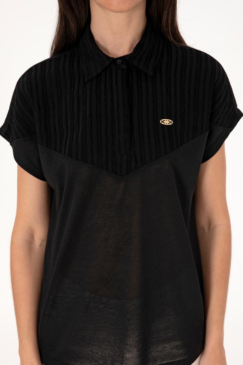 Kadın Siyah Polo Yaka Tişört - 50300663043
