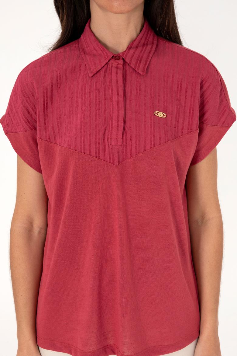 Kadın Vişne Polo Yaka Tişört - 50300663017