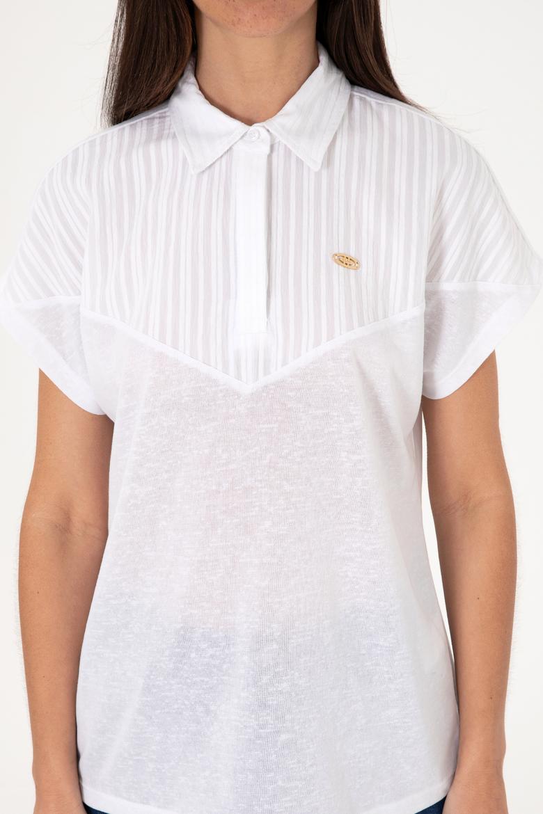 Kadın Beyaz Polo Yaka Tişört - 50300663036