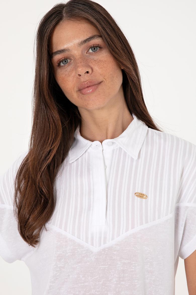 Kadın Beyaz Polo Yaka Tişört - 50300663036