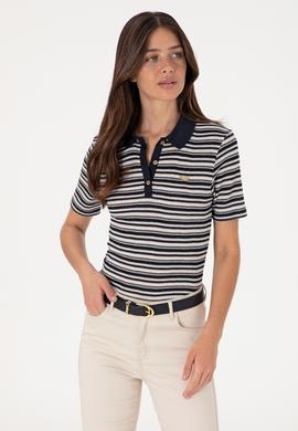 Kadın Lacivert Çizgili Polo Yaka Tişört - 50300678008