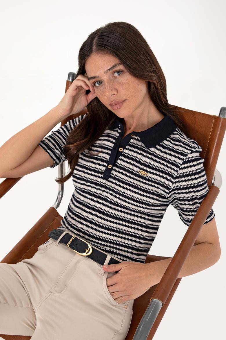 Kadın Lacivert Çizgili Polo Yaka Tişört - 50300678008