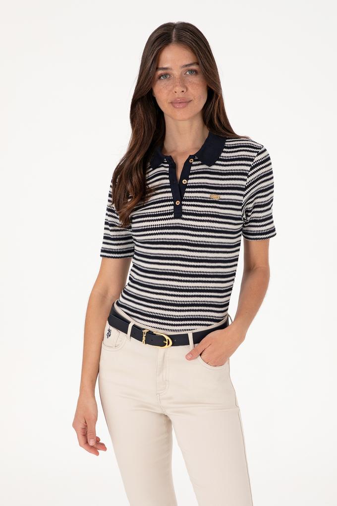 Kadın Lacivert Çizgili Polo Yaka Tişört