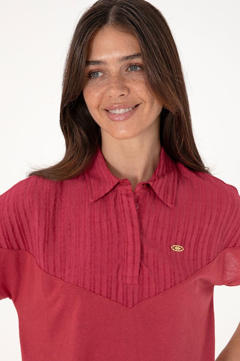 Kadın Vişne Polo Yaka Tişört - 50300663017