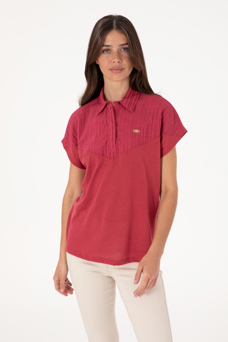 Kadın Vişne Polo Yaka Tişört
