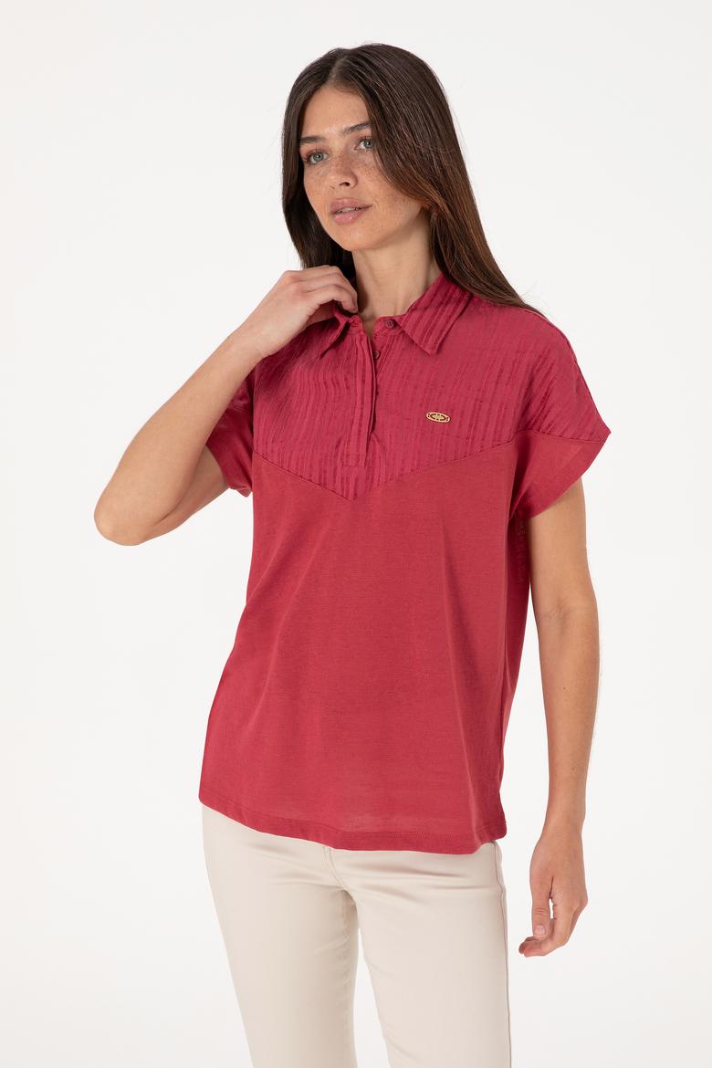 Kadın Vişne Polo Yaka Tişört - 50300663017