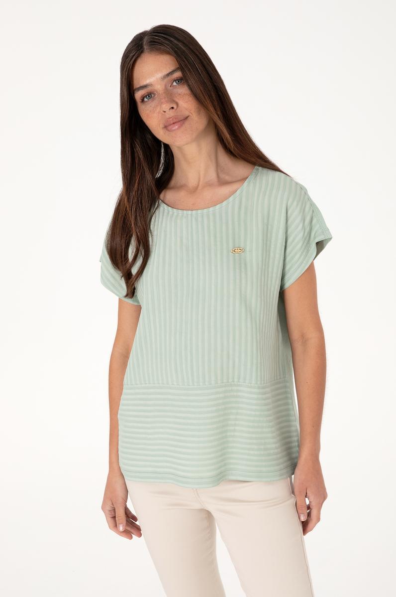 Kadın Su Yeşili Çizgili Bisiklet Yaka Tişört