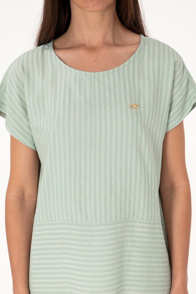 Kadın Su Yeşili Çizgili Bisiklet Yaka Tişört - 50300767014
