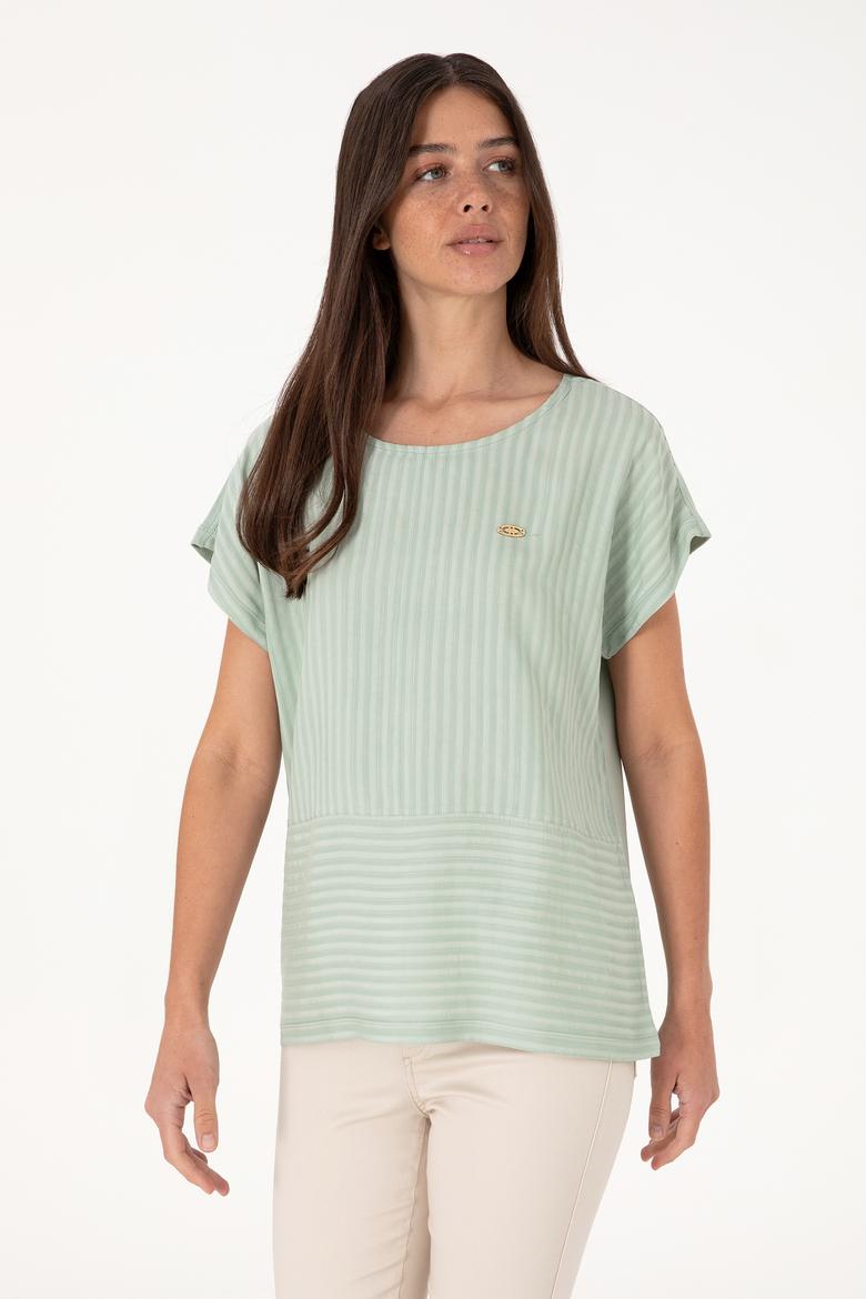 Kadın Su Yeşili Çizgili Bisiklet Yaka Tişört - 50300767014