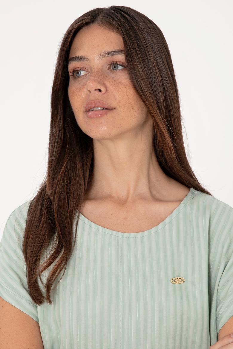Kadın Su Yeşili Çizgili Bisiklet Yaka Tişört - 50300767014