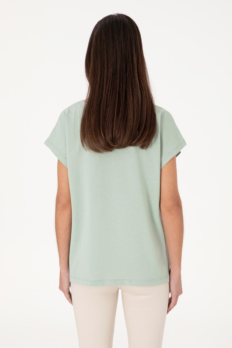 Kadın Su Yeşili Çizgili Bisiklet Yaka Tişört - 50300767014