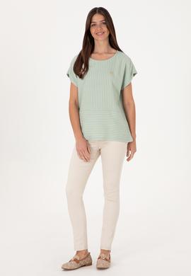 Kadın Su Yeşili Çizgili Bisiklet Yaka Tişört - 50300767014