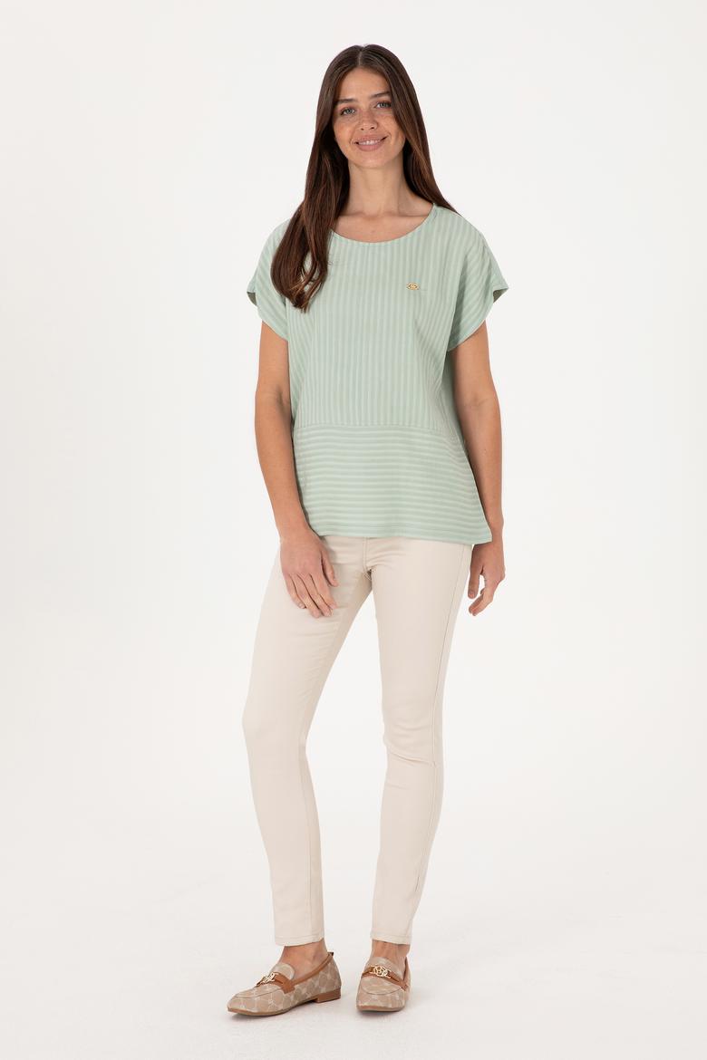 Kadın Su Yeşili Çizgili Bisiklet Yaka Tişört - 50300767014