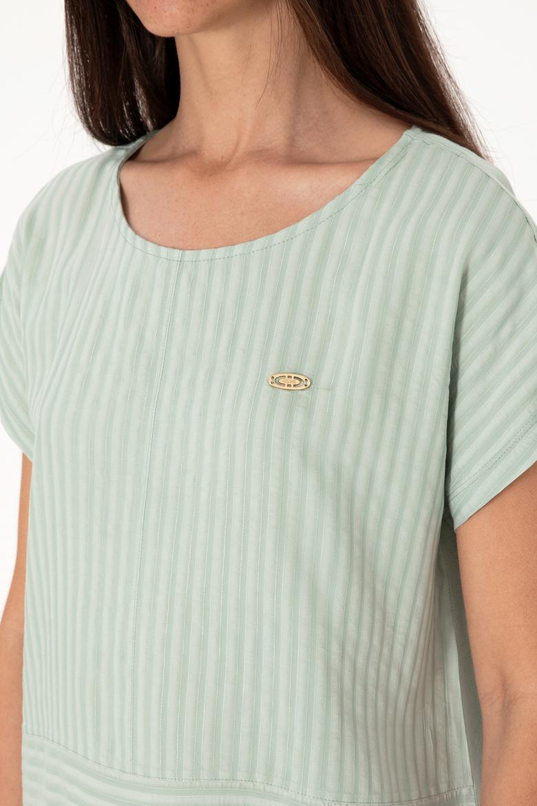 Kadın Su Yeşili Çizgili Bisiklet Yaka Tişört - 50300767014