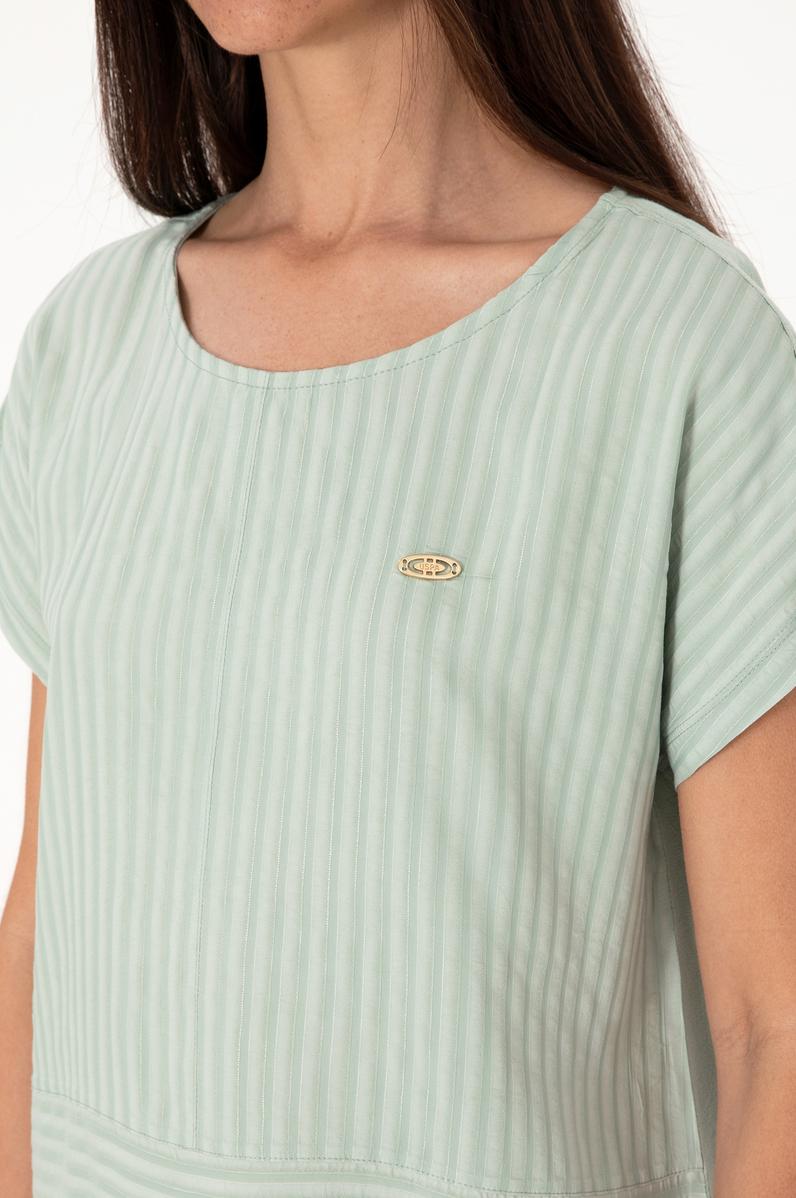Kadın Su Yeşili Çizgili Bisiklet Yaka Tişört