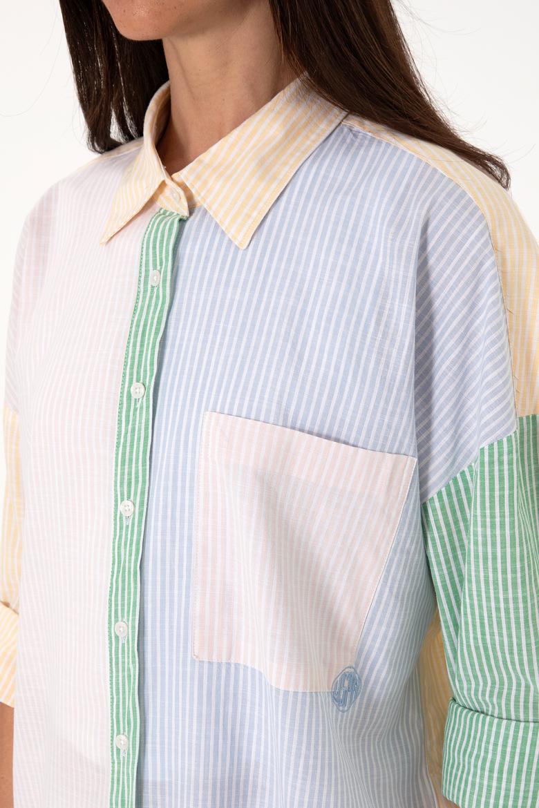 Kadın Açık Pembe Çizgili Uzun Kollu Tunik Gömlek - 50305371006