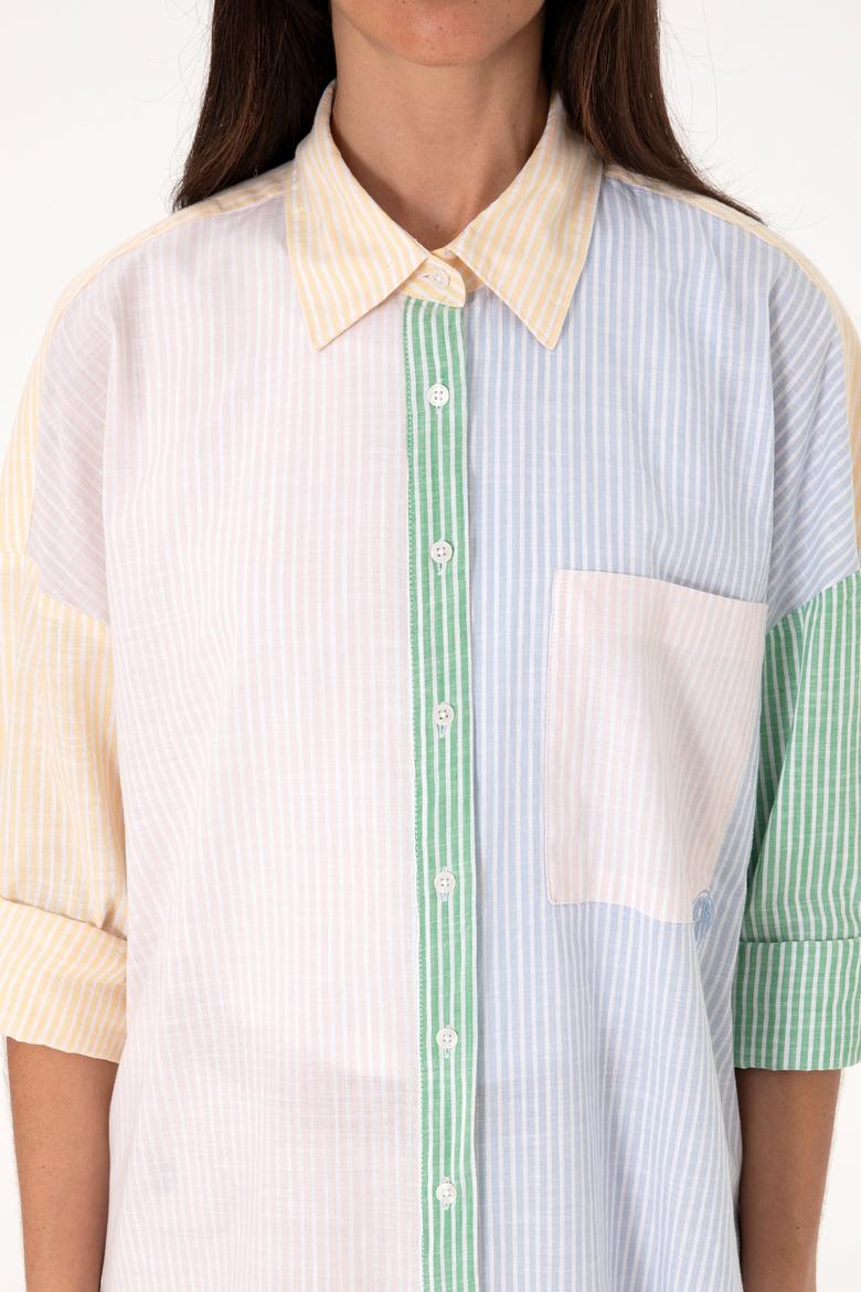 Kadın Açık Pembe Çizgili Uzun Kollu Tunik Gömlek - 50305371006