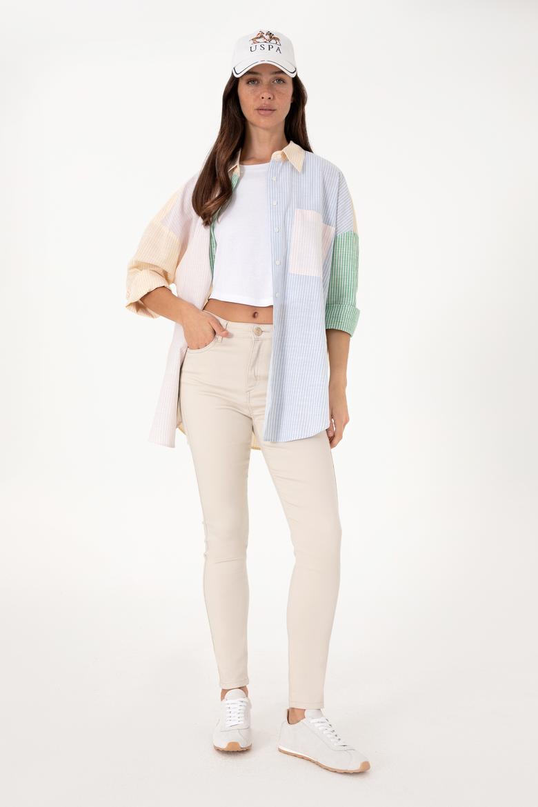 Kadın Açık Pembe Çizgili Uzun Kollu Tunik Gömlek - 50305371006