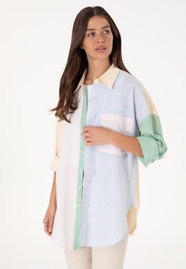 Kadın Açık Pembe Çizgili Uzun Kollu Tunik Gömlek - 50305371006