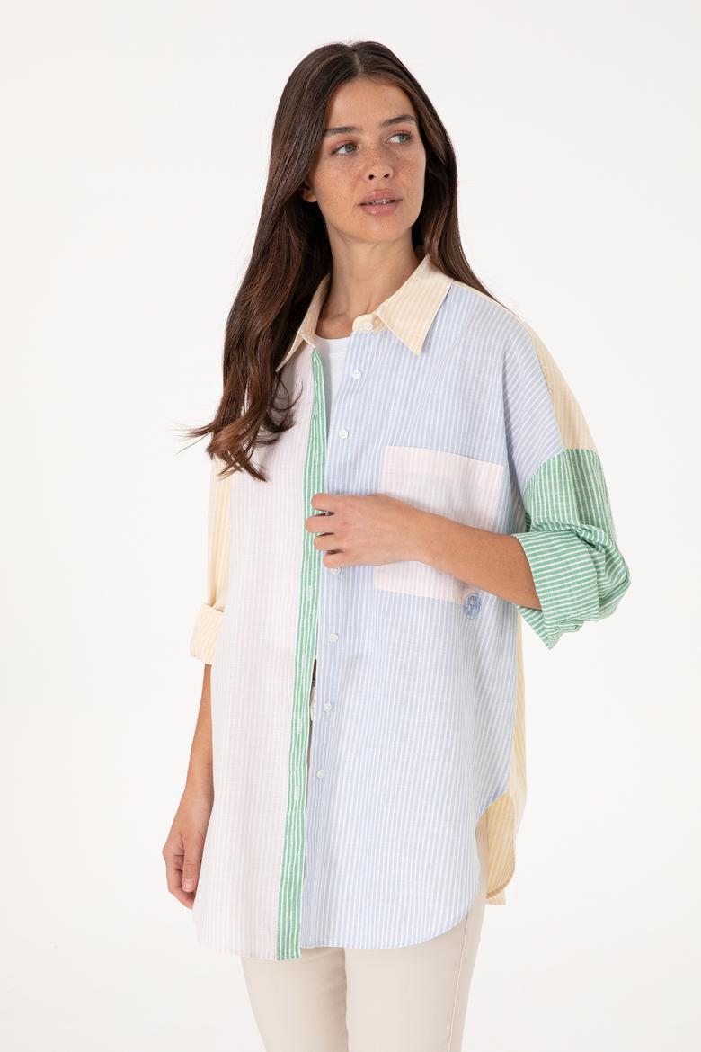 Kadın Açık Pembe Çizgili Uzun Kollu Tunik Gömlek