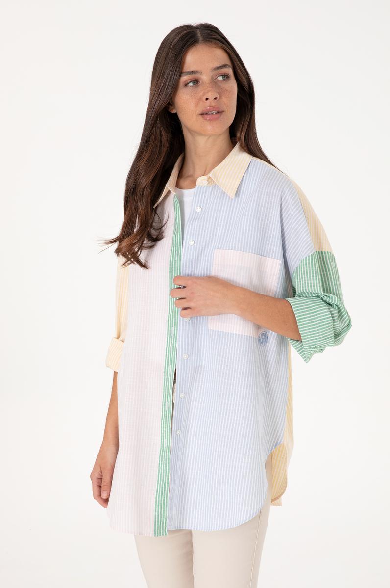 Kadın Açık Pembe Çizgili Uzun Kollu Tunik Gömlek