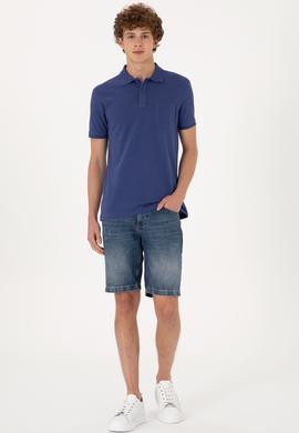 Erkek Slim Fit Dökümlü Polo Yaka Açık Lacivert Tişört - 50299538047