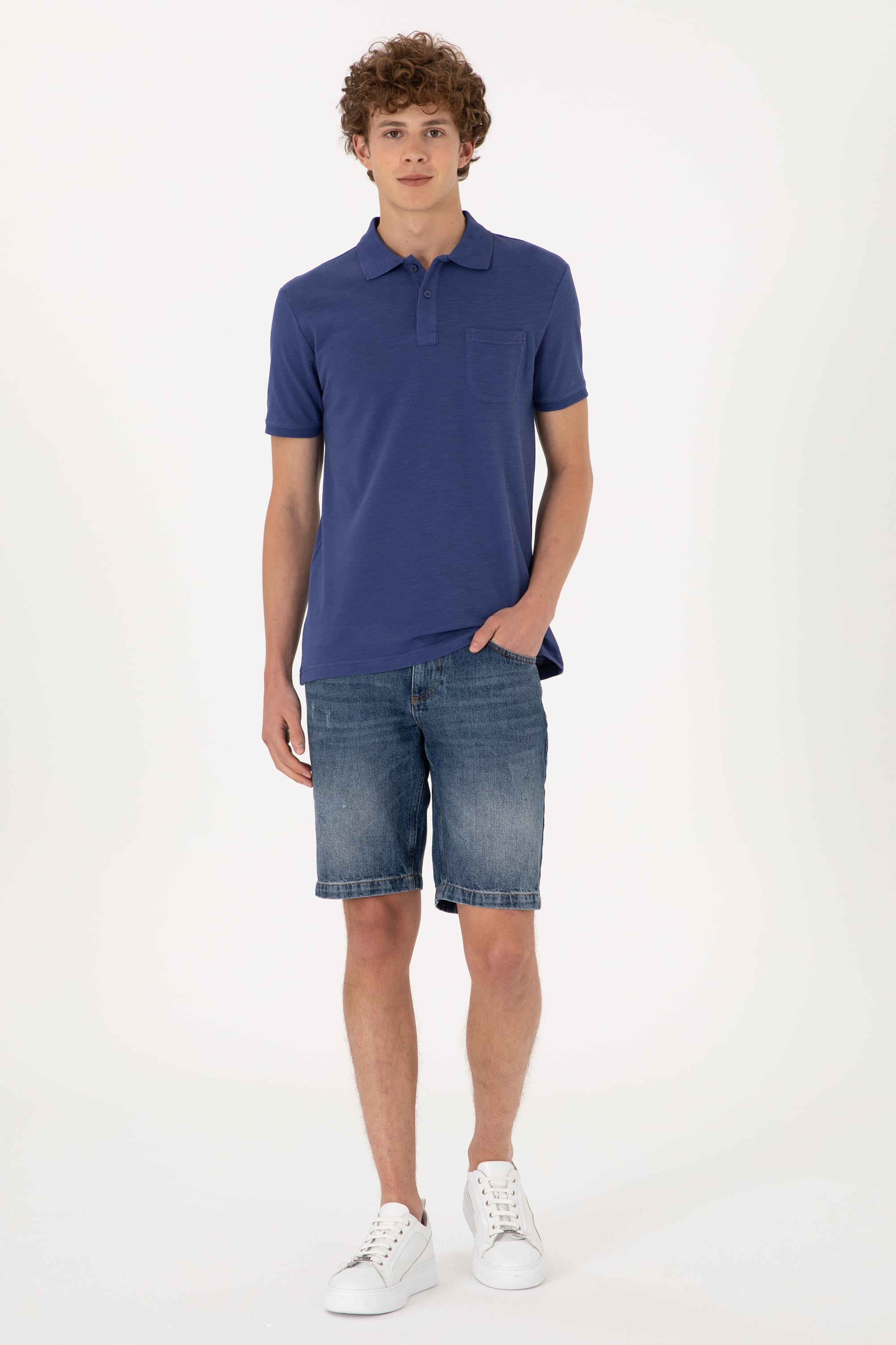 Erkek Slim Fit Dökümlü Polo Yaka Açık Lacivert Tişört