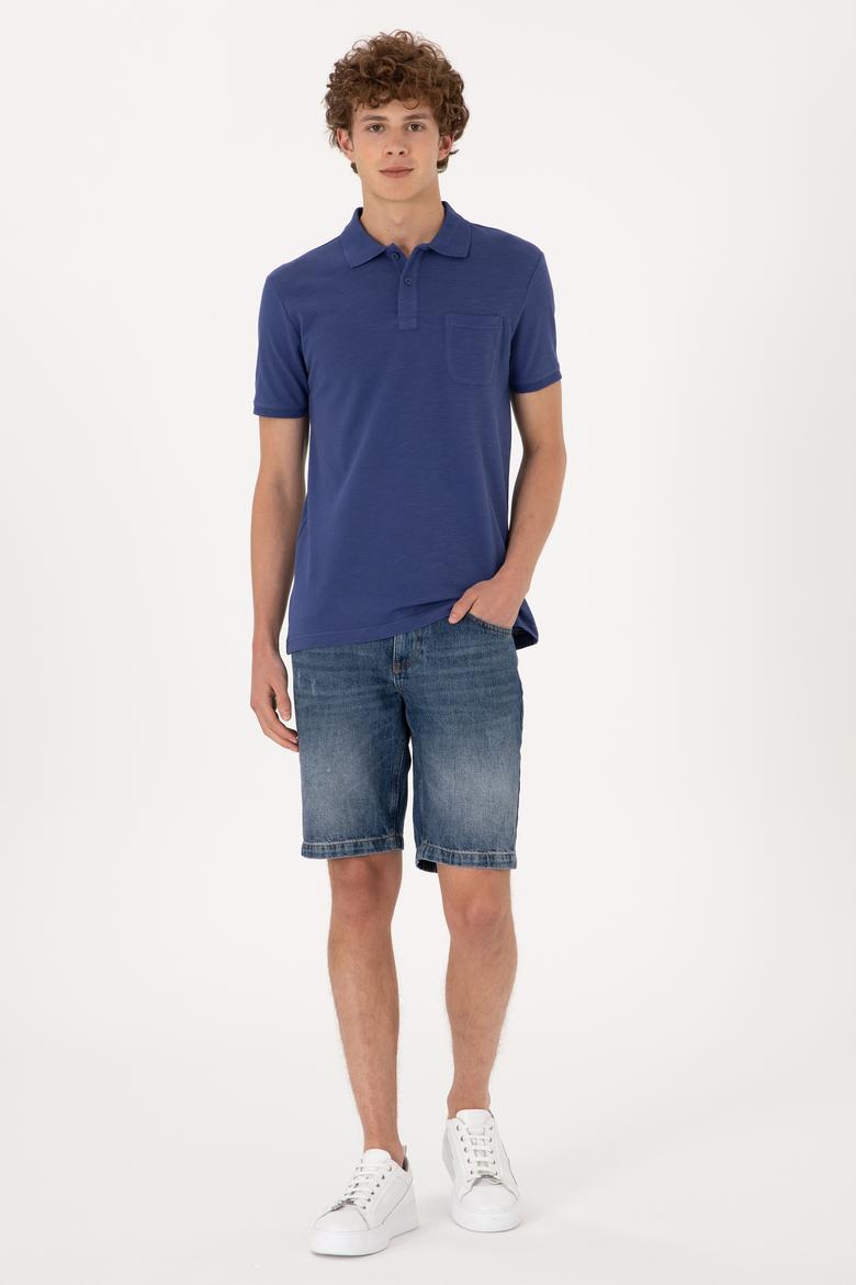 Erkek Slim Fit Dökümlü Polo Yaka Açık Lacivert Tişört - 50299538047