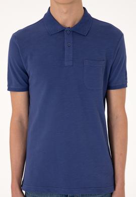 Erkek Slim Fit Dökümlü Polo Yaka Açık Lacivert Tişört - 50299538047