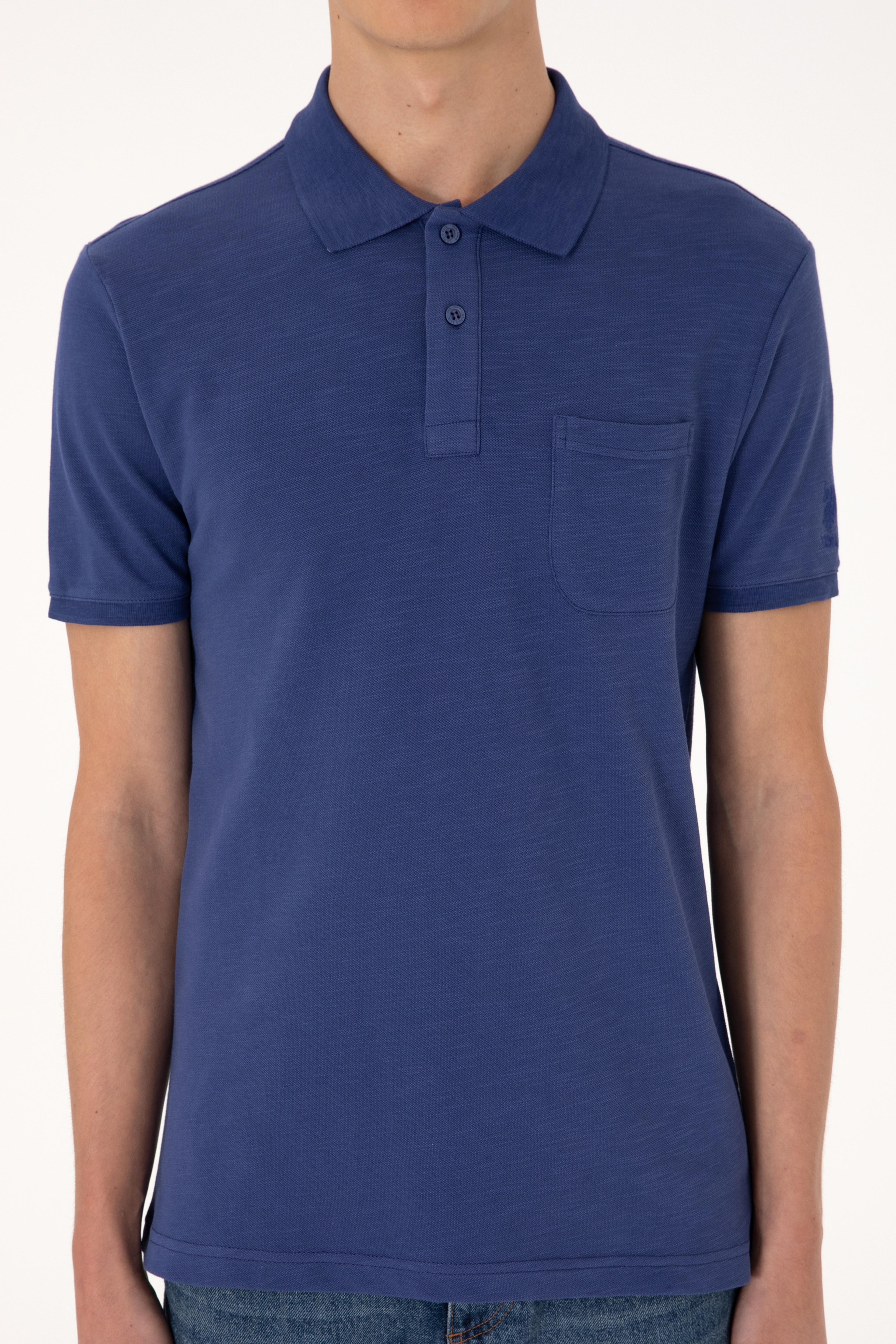 Erkek Slim Fit Dökümlü Polo Yaka Açık Lacivert Tişört - Image 6
