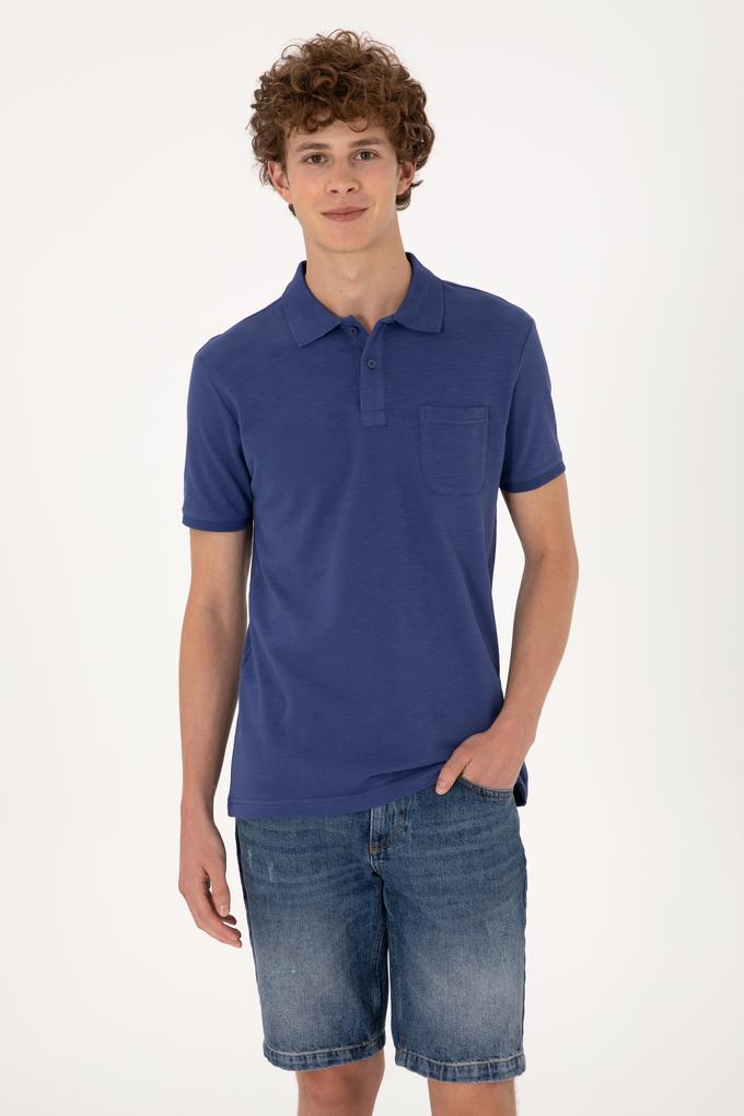 Erkek Slim Fit Dökümlü Polo Yaka Açık Lacivert Tişört