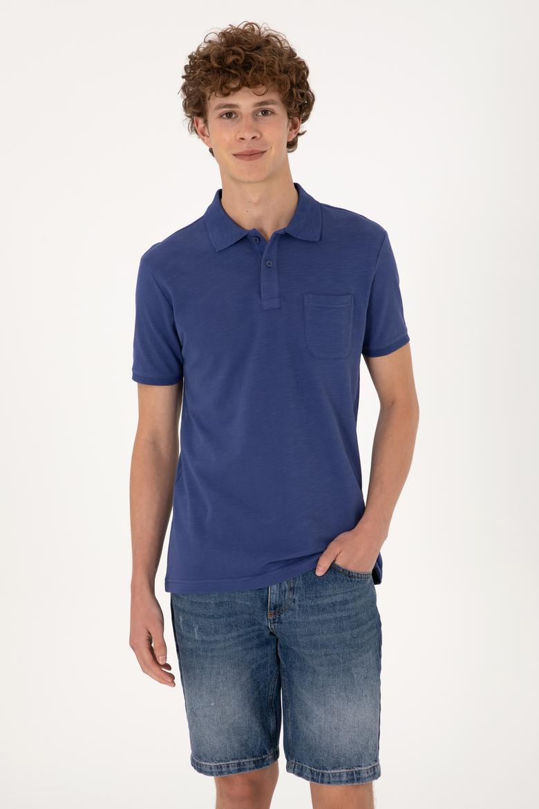 Erkek Slim Fit Dökümlü Polo Yaka Açık Lacivert Tişört