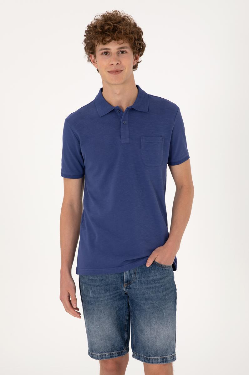 Erkek Slim Fit Dökümlü Polo Yaka Açık Lacivert Tişört