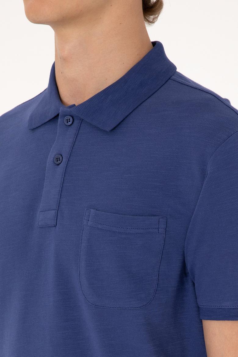 Erkek Slim Fit Dökümlü Polo Yaka Açık Lacivert Tişört - 50299538047