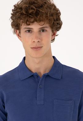 Erkek Slim Fit Dökümlü Polo Yaka Açık Lacivert Tişört - 50299538047