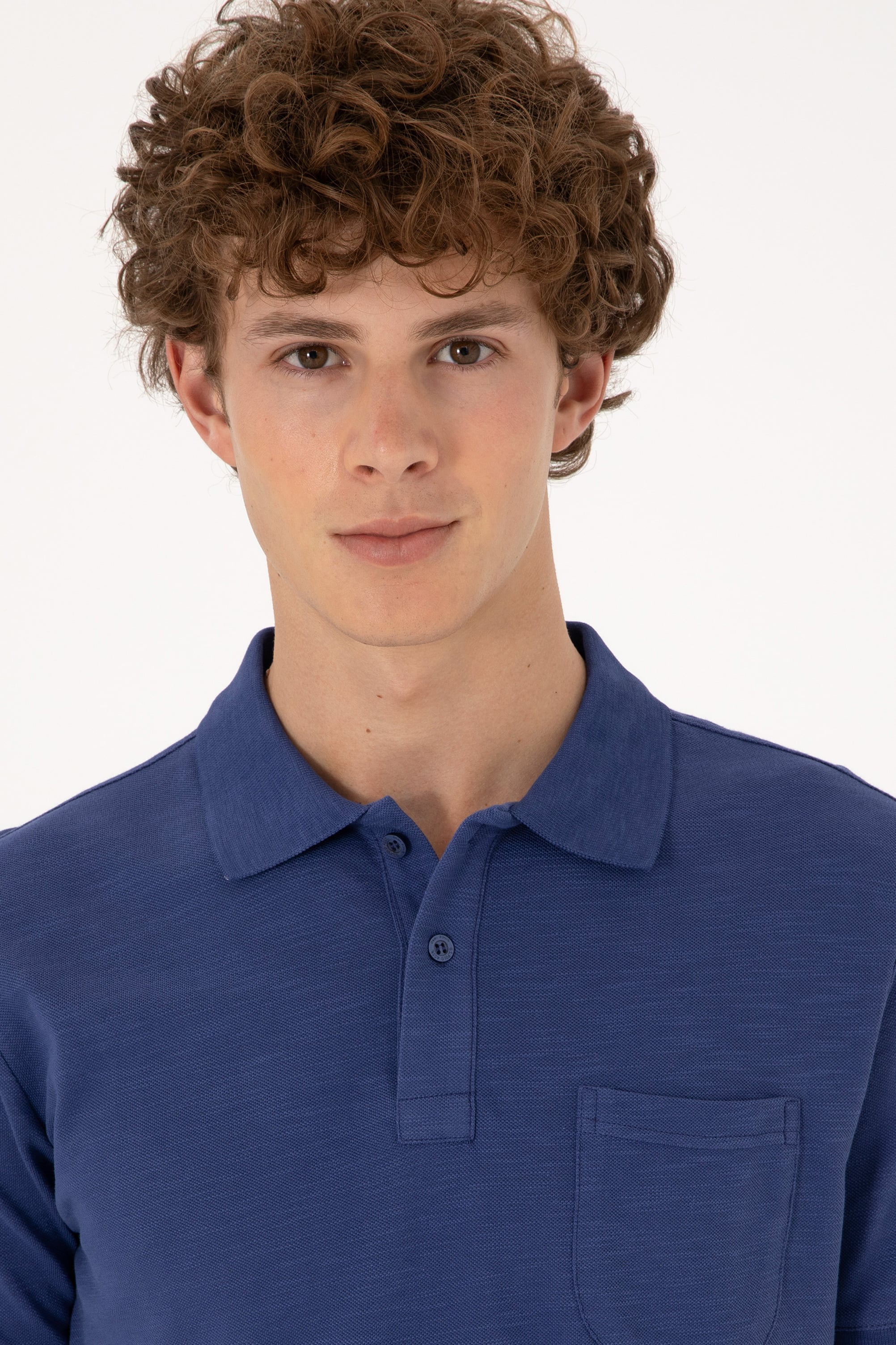 Erkek Slim Fit Dökümlü Polo Yaka Açık Lacivert Tişört - Image 2