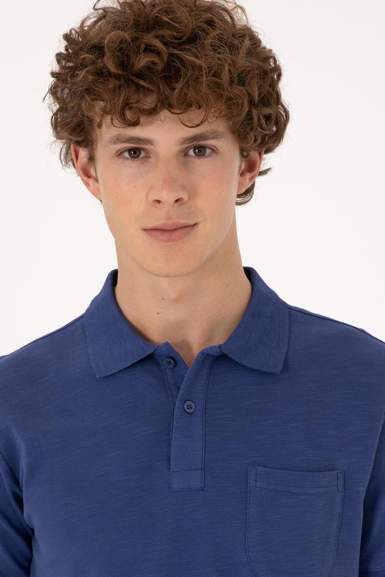 Erkek Slim Fit Dökümlü Polo Yaka Açık Lacivert Tişört - 50299538047