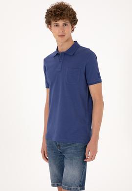 Erkek Slim Fit Dökümlü Polo Yaka Açık Lacivert Tişört - 50299538047