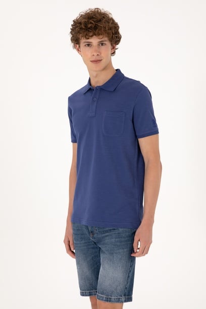 Erkek Slim Fit Dökümlü Polo Yaka Açık Lacivert Tişört